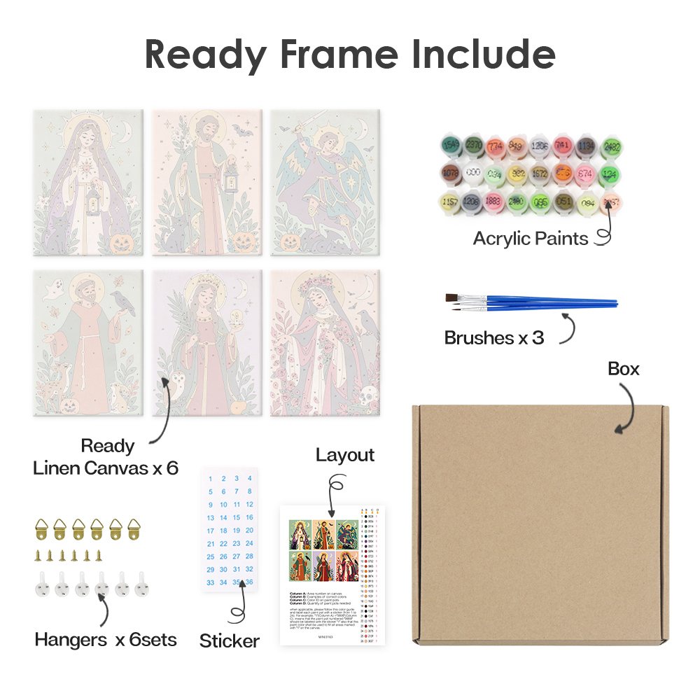 What's included pre-stretched on frame: six framed All Saints Night Icons mini canvases, paints, three brushes, hangers and layout