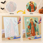 Before and after of an All Saints Night Icons mini paint by numbers canvas