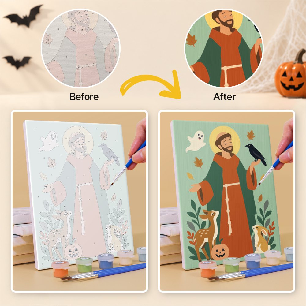 Before and after of an All Saints Night Icons mini paint by numbers canvas