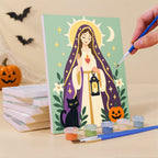 Painting an All Saints Night Icons mini canvas propped up beside numbered acrylic paints