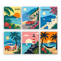Aloha Horizons mini paint by numbers set: six retro travel posters of tropical beaches, Santorini, a camper van and a lighthouse