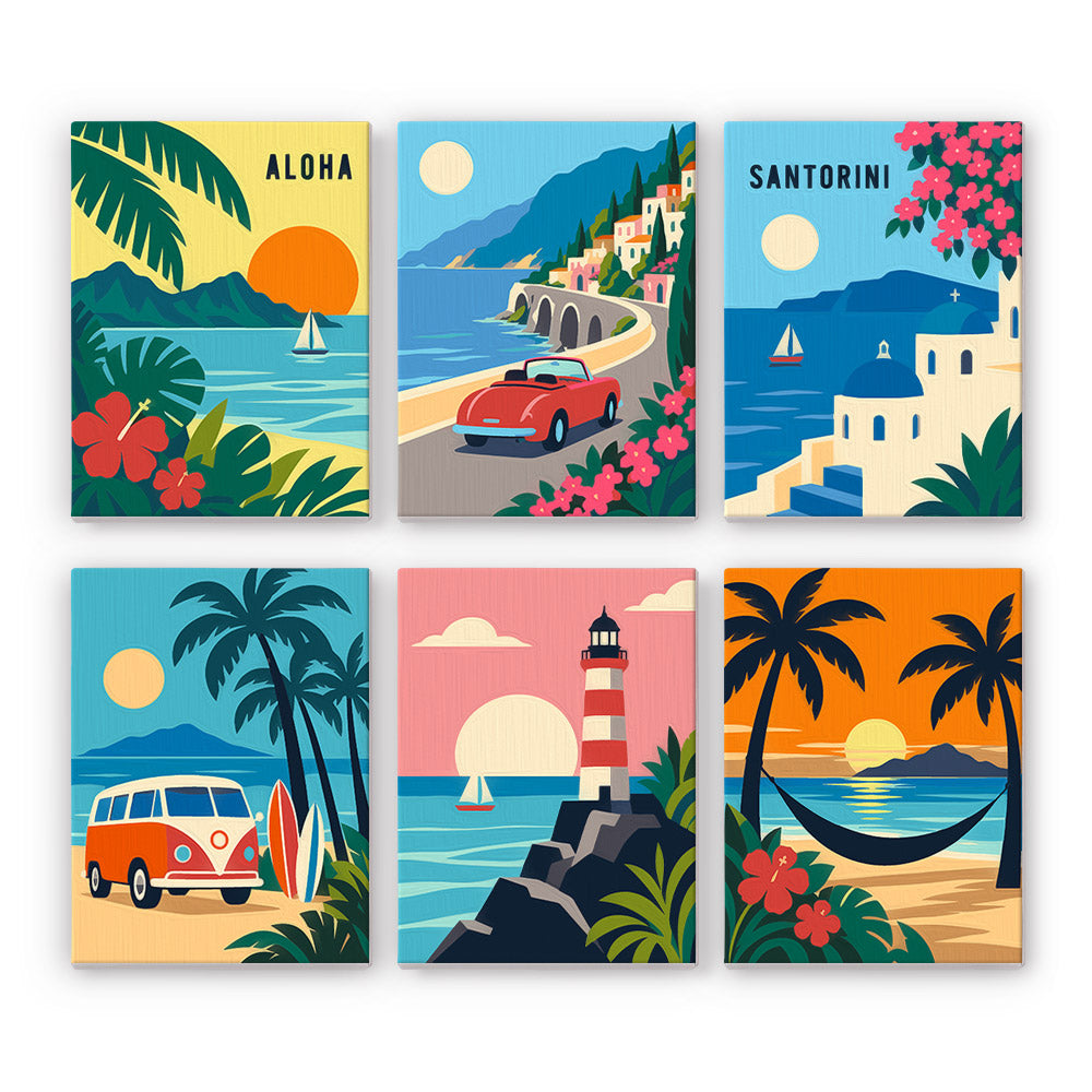 Aloha Horizons mini paint by numbers set: six retro travel posters of tropical beaches, Santorini, a camper van and a lighthouse