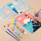 Filling in an Aloha Horizons mini canvas with numbered acrylic paints and a fine brush