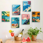 Six finished Aloha Horizons mini paintings hung on a wall above a table