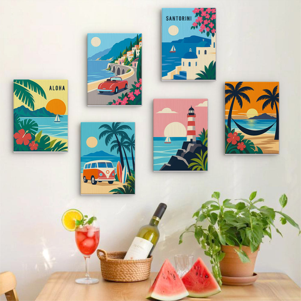 Six finished Aloha Horizons mini paintings hung on a wall above a table