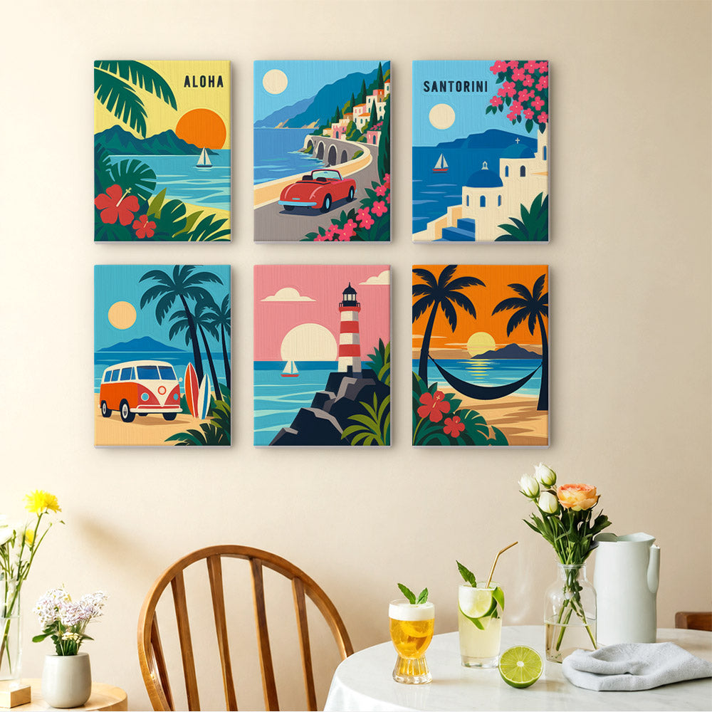 Aloha Horizons mini paintings displayed as a gallery wall in a sunny kitchen