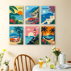 Aloha Horizons mini paintings displayed as a gallery wall in a sunny kitchen