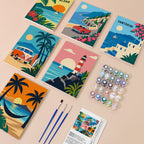 Aloha Horizons mini paint by numbers kit with six numbered canvases, acrylic paints, brushes and layout