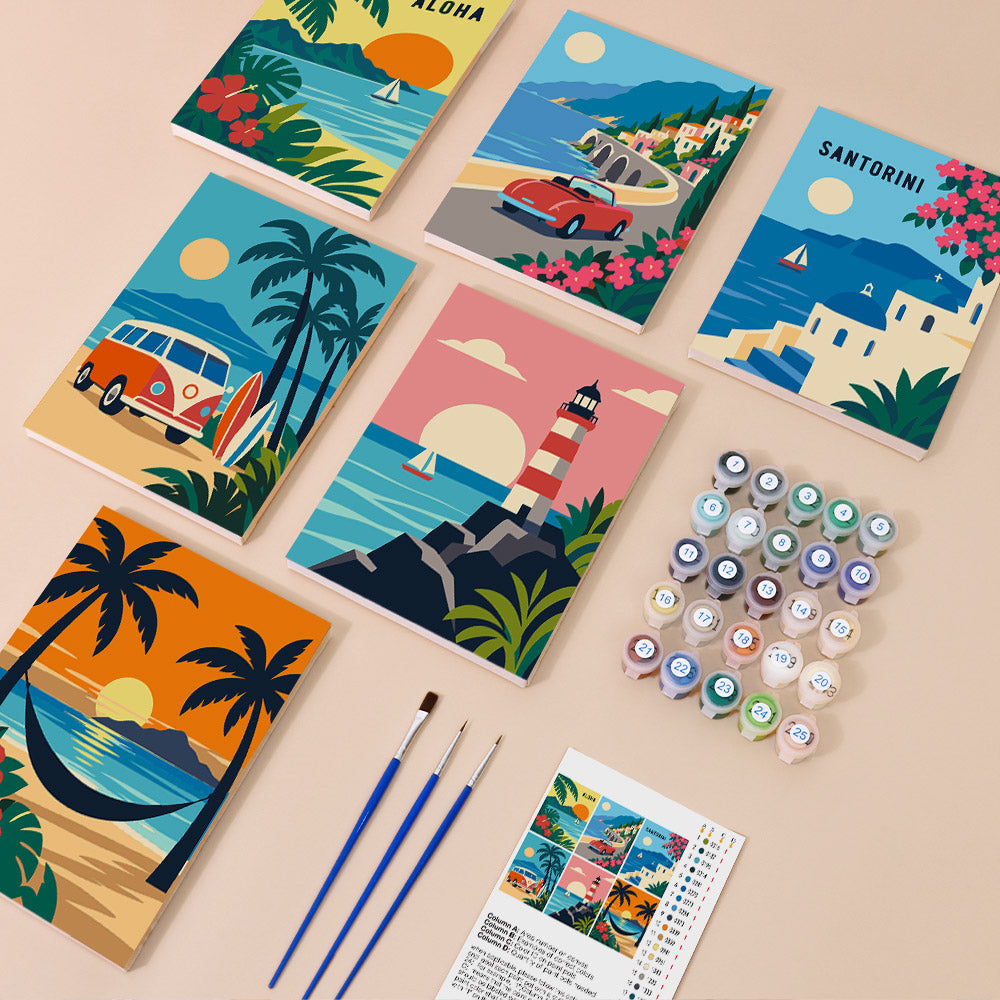 Aloha Horizons mini paint by numbers kit with six numbered canvases, acrylic paints, brushes and layout