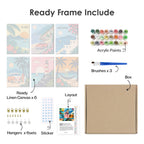 What's included pre-stretched on frame: six framed Aloha Horizons mini canvases, paints, three brushes, hangers and layout
