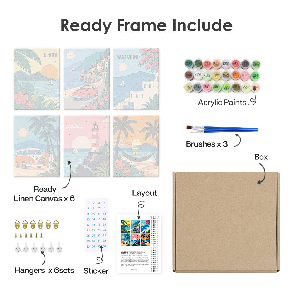 What's included pre-stretched on frame: six framed Aloha Horizons mini canvases, paints, three brushes, hangers and layout