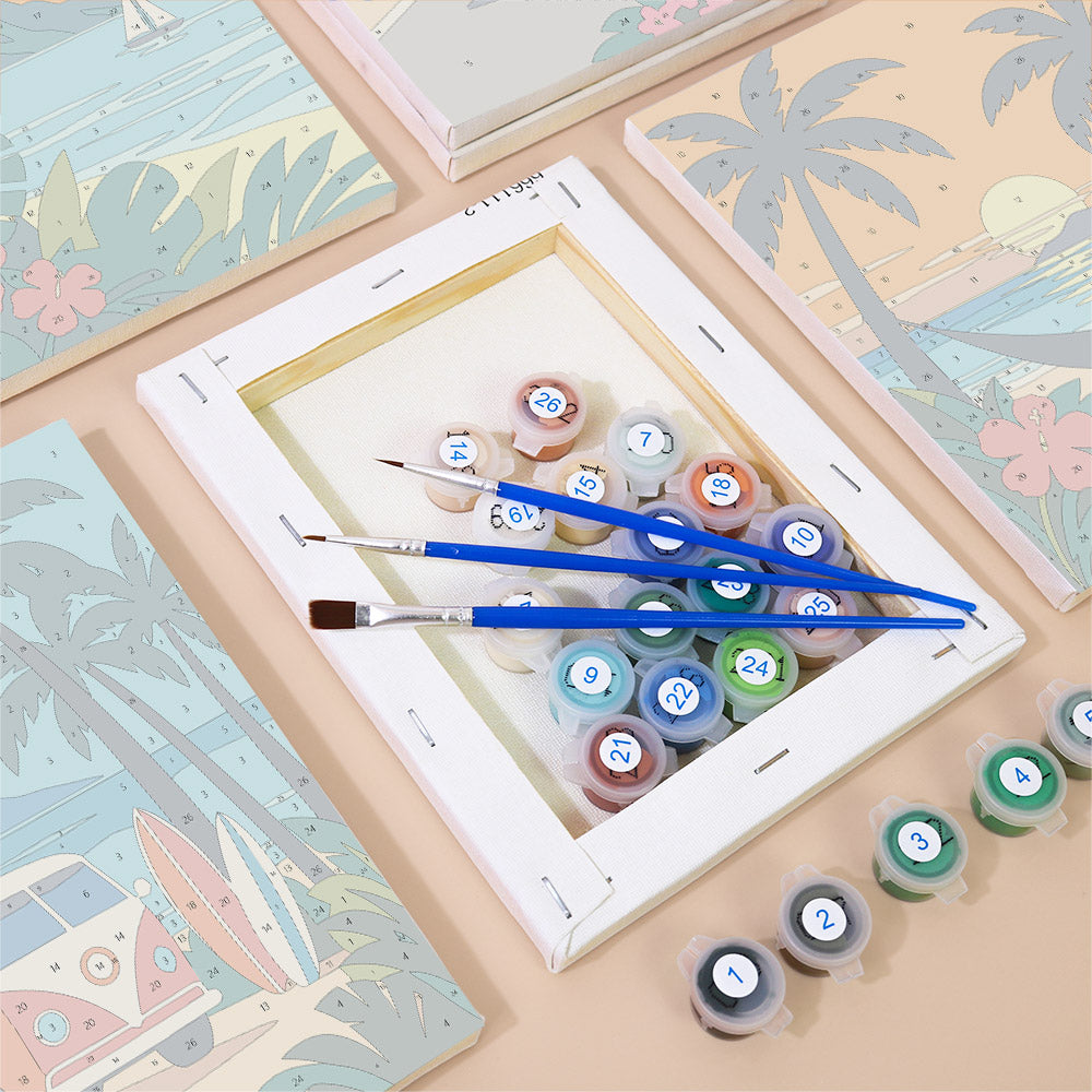 Numbered paint pots and brushes on a pre-stretched Aloha Horizons mini canvas