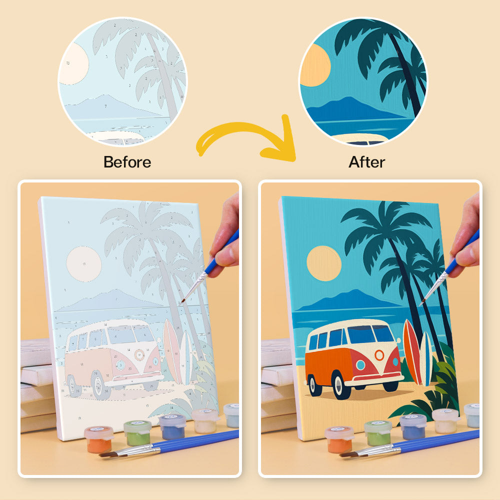 Before and after of an Aloha Horizons mini paint by numbers canvas