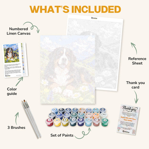 What's included in the Alpine Meadow Bernese paint by numbers kit: numbered linen canvas, reference sheet, color guide, 24 acrylic paints, 3 brushes and thank you card