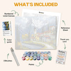 What's included in the Alpine Serenity paint by numbers kit: numbered linen canvas, reference sheet, color guide, 24 acrylic paints, 3 brushes and thank you card