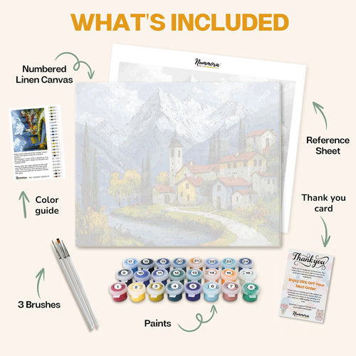 What's included in the Alpine Serenity paint by numbers kit: numbered linen canvas, reference sheet, color guide, 24 acrylic paints, 3 brushes and thank you card