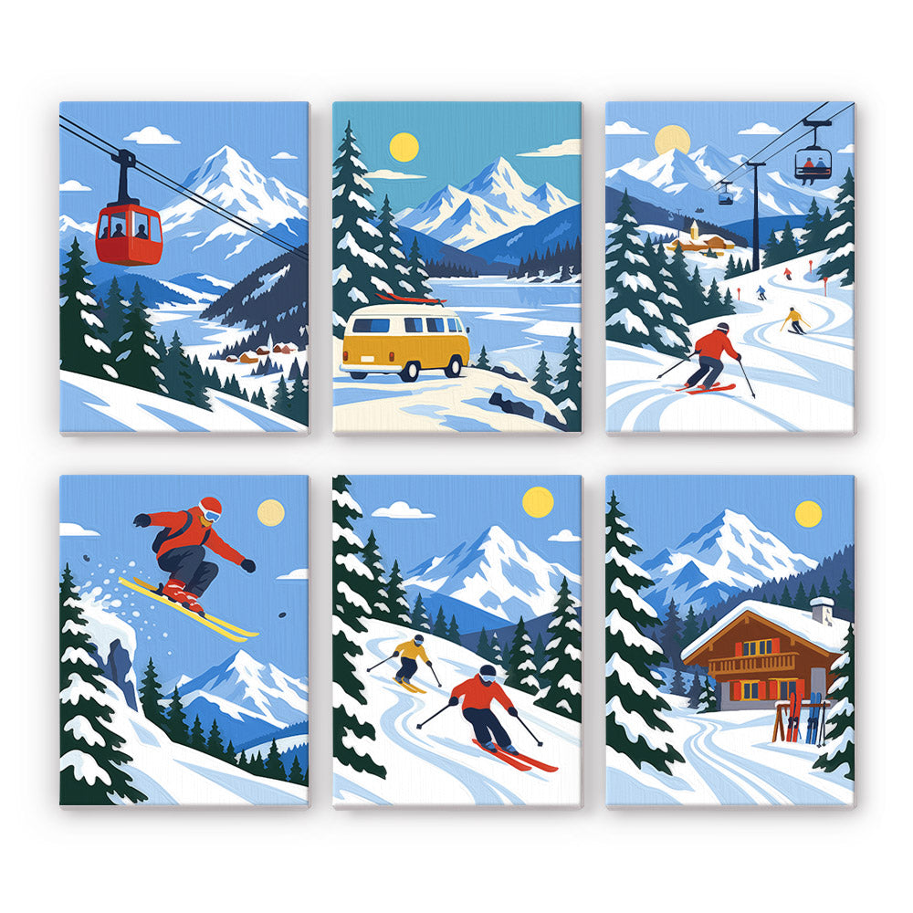 Alpine Ski Days mini paint by numbers set: six designs of a gondola, camper van, skiers, ski jump and mountain chalet