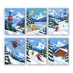 Alpine Ski Days mini paint by numbers set: six designs of a gondola, camper van, skiers, ski jump and mountain chalet