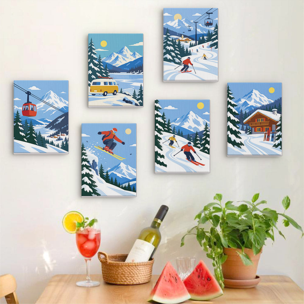 Six finished Alpine Ski Days mini paintings hung on a wall above a table