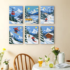 Alpine Ski Days mini paintings displayed as a gallery wall in a sunny kitchen