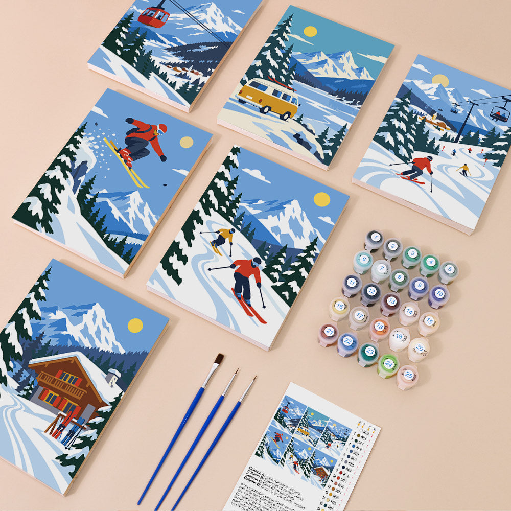 Alpine Ski Days mini paint by numbers kit with six numbered canvases, acrylic paints, brushes and layout
