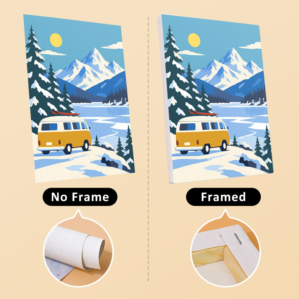 Alpine Ski Days mini canvas shown rolled without a frame and pre-stretched on a frame