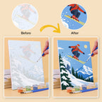 Before and after of an Alpine Ski Days mini paint by numbers canvas