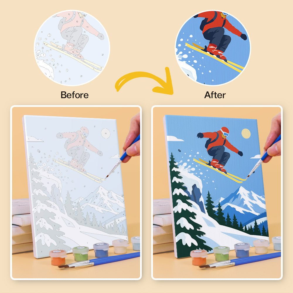 Before and after of an Alpine Ski Days mini paint by numbers canvas