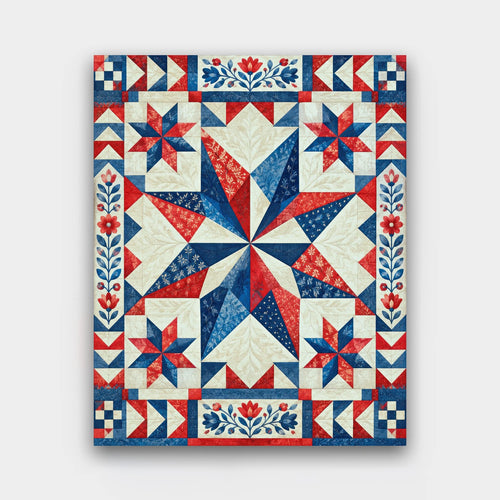 Americana Star Quilt paint by numbers kit of a red, white and blue patchwork star quilt with folk flower borders