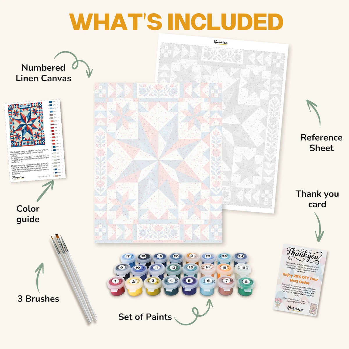 What's included in the Americana Star Quilt paint by numbers kit: numbered linen canvas, reference sheet, color guide, 24 acrylic paints, 3 brushes and thank you card