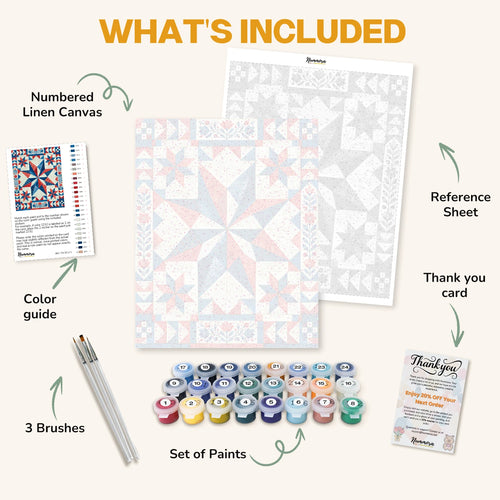 What's included in the Americana Star Quilt paint by numbers kit: numbered linen canvas, reference sheet, color guide, 24 acrylic paints, 3 brushes and thank you card