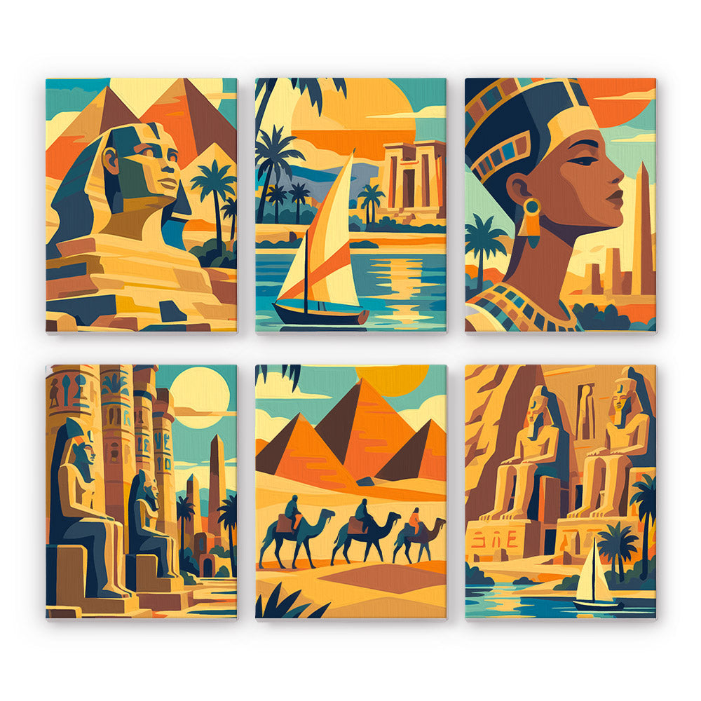 Ancient Egypt mini paint by numbers set: six retro designs of the Sphinx, a Nile felucca, a queen, temples, camels and pyramids