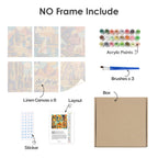 What's included without a frame: six rolled Ancient Egypt mini canvases, acrylic paints, three brushes and layout