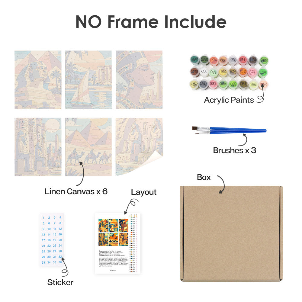 What's included without a frame: six rolled Ancient Egypt mini canvases, acrylic paints, three brushes and layout