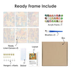 What's included pre-stretched on frame: six framed Ancient Egypt mini canvases, paints, three brushes, hangers and layout