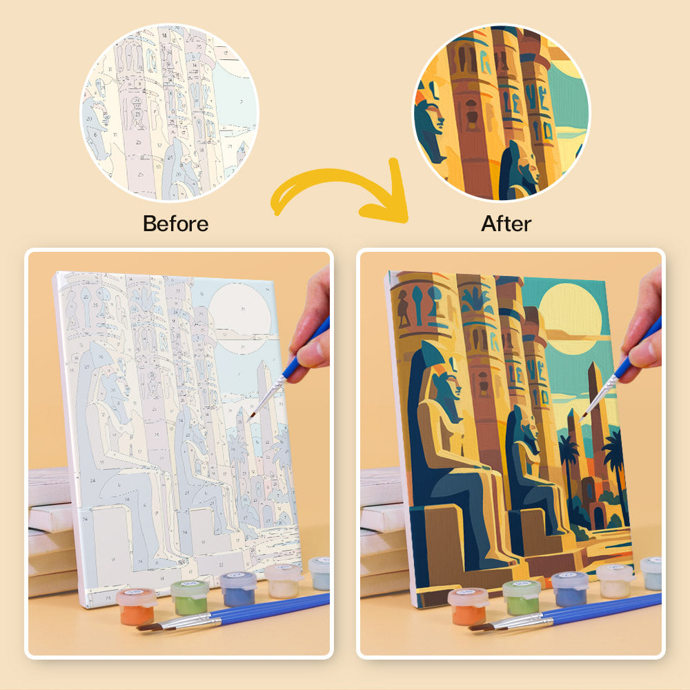 Before and after of an Ancient Egypt mini paint by numbers canvas