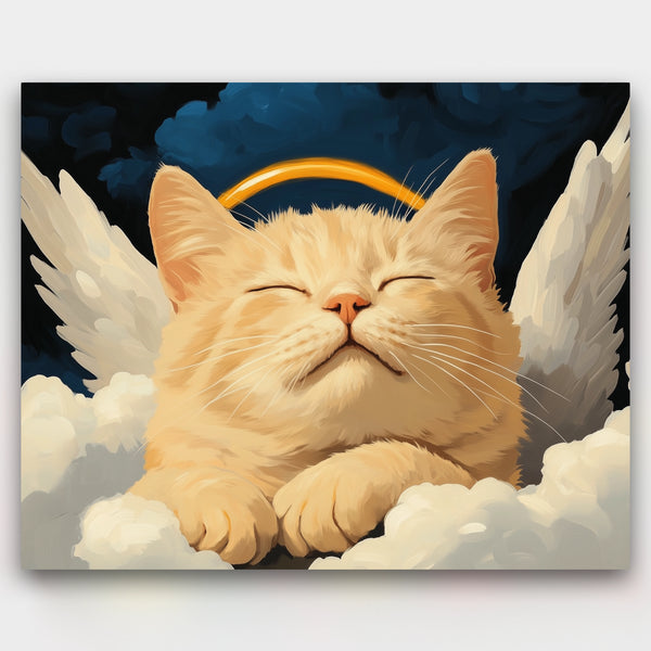 Illustration of a cat with angel wings and a halo on a cloud