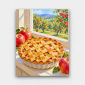 Apple Pie on the Sill paint by numbers kit of a lattice apple pie cooling on a windowsill with red apples and an orchard outside