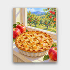 Apple Pie on the Sill paint by numbers kit of a lattice apple pie cooling on a windowsill with red apples and an orchard outside