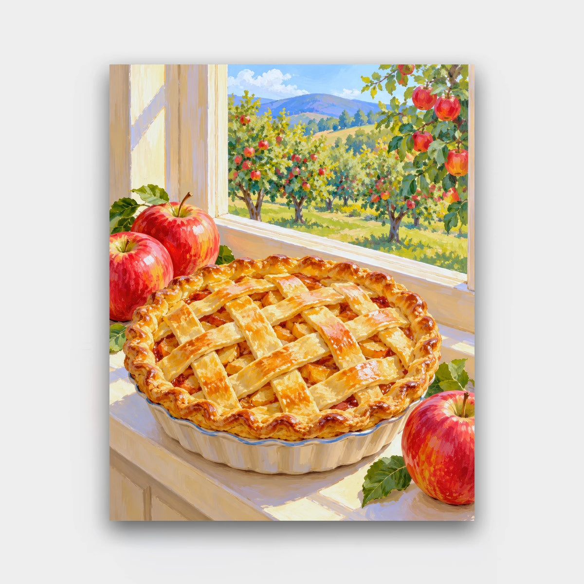 Apple Pie on the Sill paint by numbers kit of a lattice apple pie cooling on a windowsill with red apples and an orchard outside