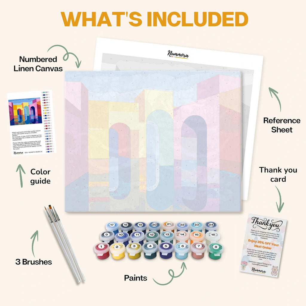 What's included in the Arches of Light paint by numbers kit: numbered linen canvas, reference sheet, color guide, 24 acrylic paints, 3 brushes and thank you card