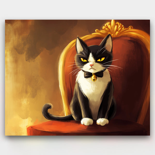 Cat in a tuxedo sitting on a red chair with a gold backrest