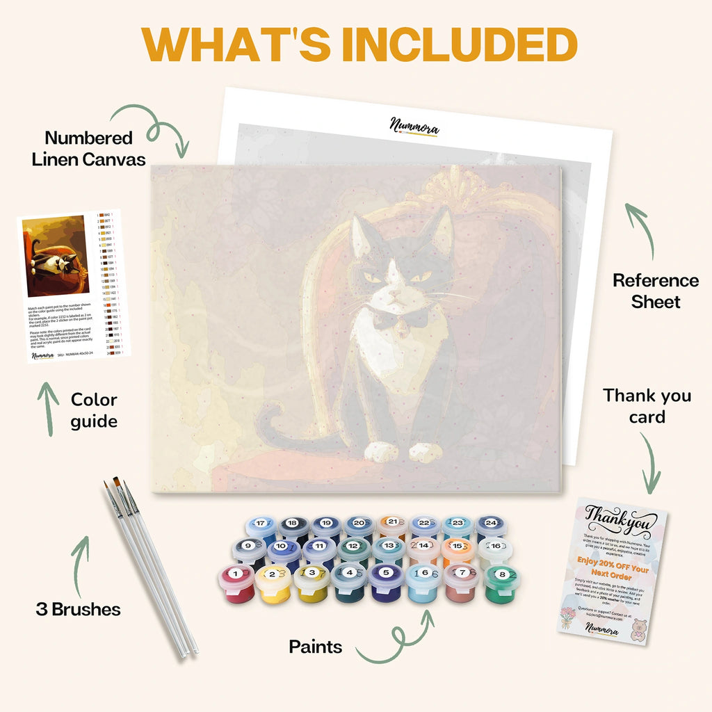What's included in the Aristocat paint by numbers kit: numbered linen canvas, reference sheet, color guide, 24 acrylic paints, 3 brushes and thank you card