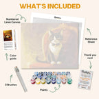 What's included in the Aristocat paint by numbers kit: numbered linen canvas, reference sheet, color guide, 24 acrylic paints, 3 brushes and thank you card