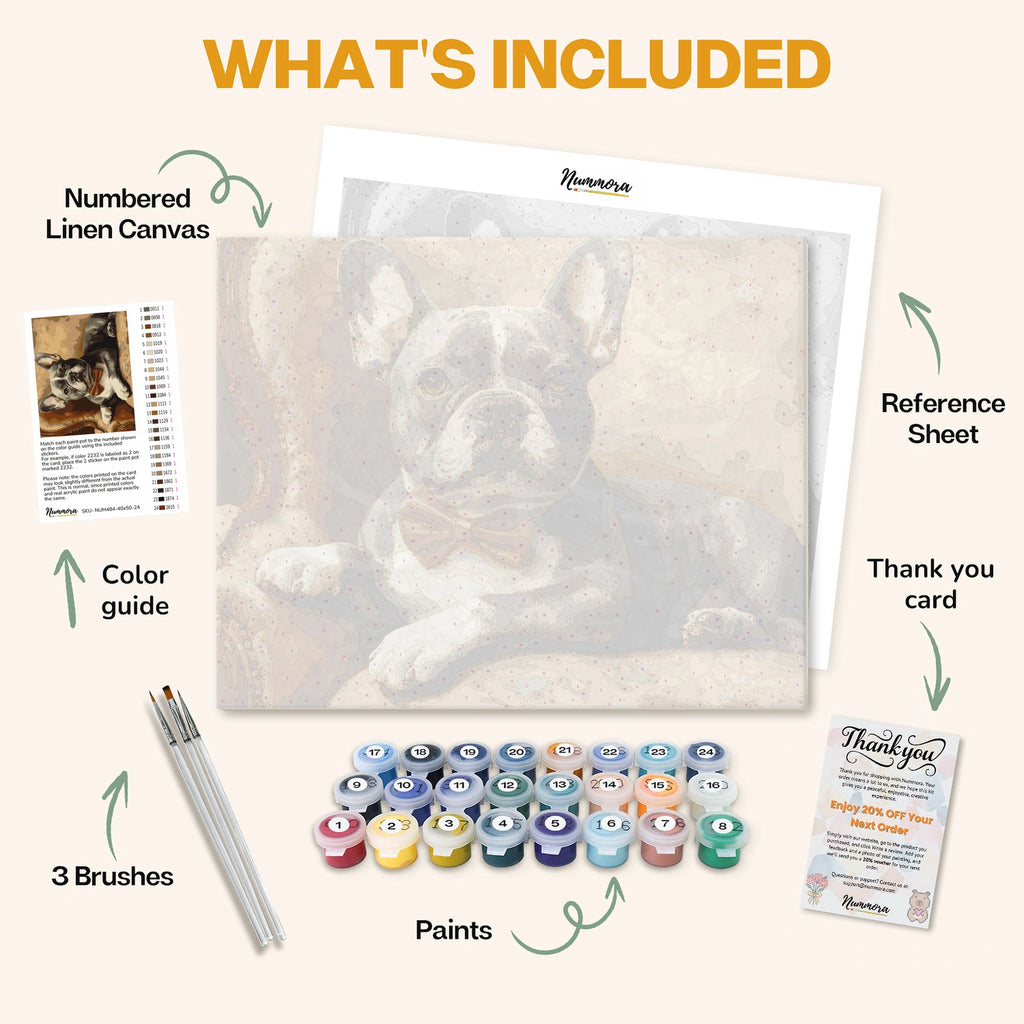 What's included in the Aristocratic Bulldog paint by numbers kit: numbered linen canvas, reference sheet, color guide, 24 acrylic paints, 3 brushes and thank you card