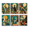 Art Deco Elegance mini paint by numbers set: six designs of a peacock, black cat, 1920s lady, sailboat, lakeside arch and piano with violin