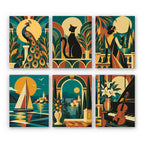 Art Deco Elegance mini paint by numbers set: six designs of a peacock, black cat, 1920s lady, sailboat, lakeside arch and piano with violin