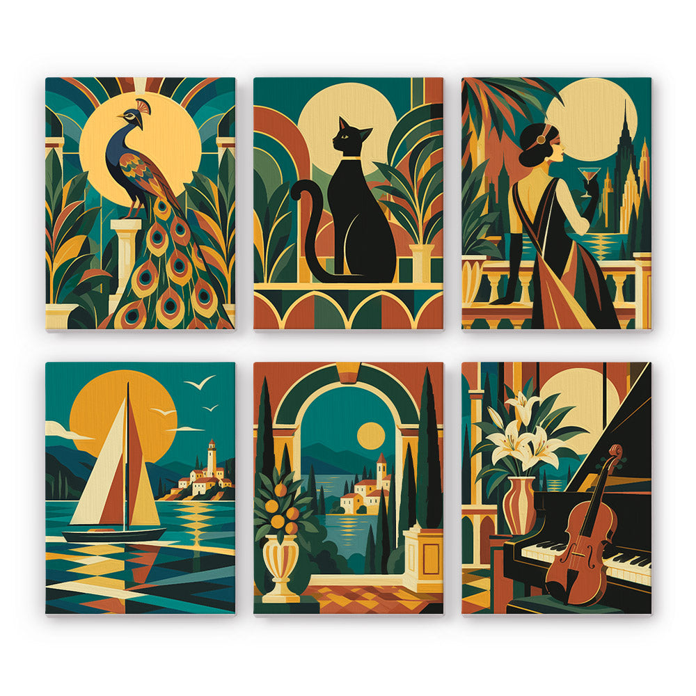 Art Deco Elegance mini paint by numbers set: six designs of a peacock, black cat, 1920s lady, sailboat, lakeside arch and piano with violin