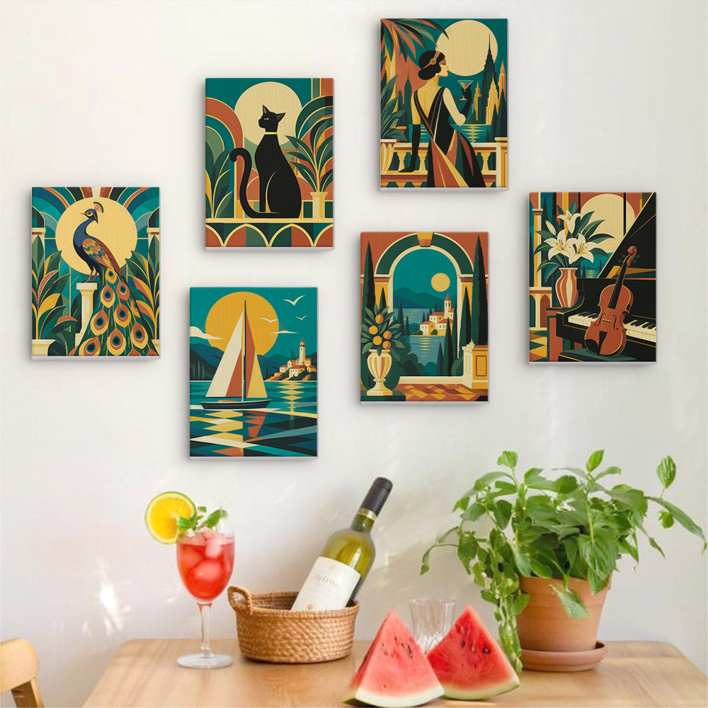 Six finished Art Deco Elegance mini paintings hung on a wall above a table