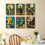 Art Deco Elegance mini paintings displayed as a gallery wall in a sunny kitchen